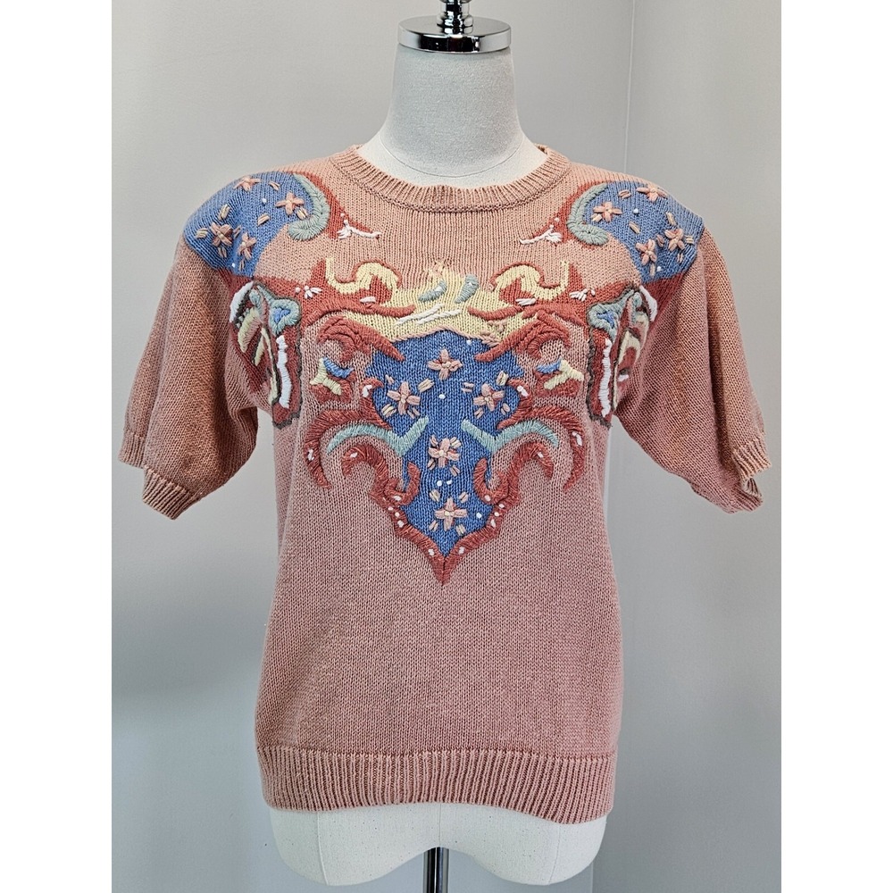 Illustrations Vintage Sweater Small Ramie Cotton Embroidered Short Sleeves 90s